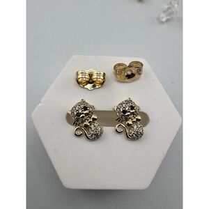 14K Gold Plated Crystal Cat Stud Earrings Gold Tone Pave Feline Animal‎ Jewelry